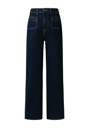 Donkerblauwe wijd gesneden spijkerbroek van denim, met een hoge taille, gestructureerde vorm, achterzakken en contrasterende gele stikdetails.