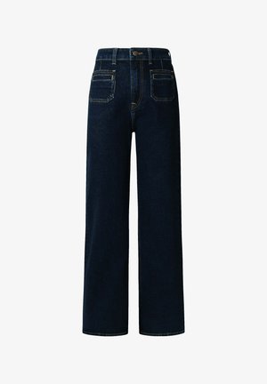 Jeans de perna larga de cor azul escuro, feitos de denim, com uma cintura alta, forma estruturada, bolsos traseiros e detalhes de costura amarela em contraste.