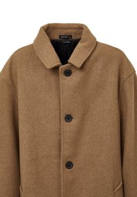 Braune Wollmischung Jacke mit breitem Kragen, zwei schwarzen Knöpfen und seitlichen Taschen. Glatte Textur, taillierte Passform und schlichtes Design.