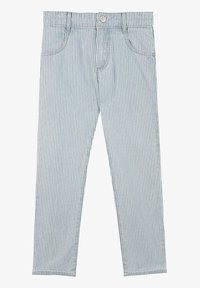 Vaaleansiniset farkut, joissa on valkoiset pystyrivistöt. Varustettu vyötäröllä napilla ja viidellä taskulla. Liukas pinta ja suora lahjamuoto.