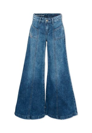 Dżinsy z niebieskiego denimu z wysokim stanem, szerokimi nogawkami, przednimi kieszeniami naszywanymi, detalami z przeszyciami na środku i zapięciem na guziki w pasie.