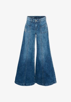 Blauwe denim jeans met hoge taille en wijde pijpen, voorzien van voorzakken, een centrale naad en een knoopsluiting in de tailleband.