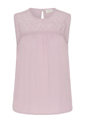 Blusa sin mangas de color rosa pálido con canesú de encaje floral, escote redondo, botón en la espalda con abertura en forma de gota y tela ligera texturizada.