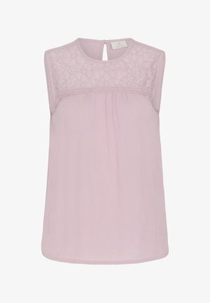 Ärmellose, blassrosa Bluse mit floraler Spitzenpasse, rundem Ausschnitt, Knopfverschluss am Rücken mit Schlitz und leicht strukturiertem, leichtem Stoff.