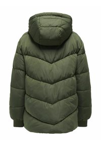 Giacca a vento verde con design a rombi, cappuccio e polsini a costine. Tessuto morbido con una texture liscia. Vista posteriore.