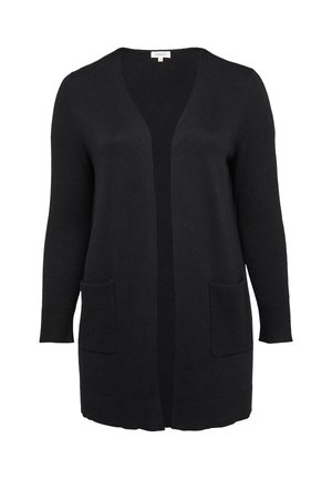 Zwarte lange cardigan van zacht breiwerk. Bevat een diepe V-hals, open voorkant en twee voorzakken met ribbeltextuur.