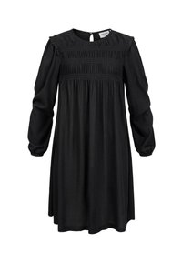 Robe noire en tissu doux, dotée de longues manches bouffantes, de détails froncés au niveau du corsage et d'une fermeture par boutons au dos.