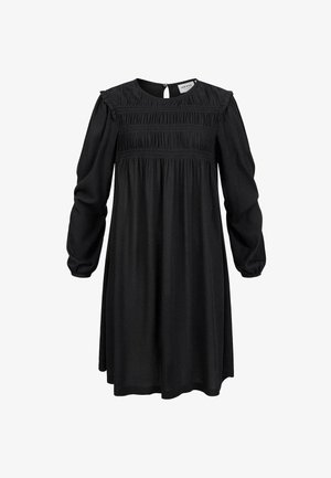 Schwarzes Kleid aus weichem Stoff, mit langen Puffärmeln, Rüschenverzierungen im Oberteil und einem Knopfverschluss im Rücken.
