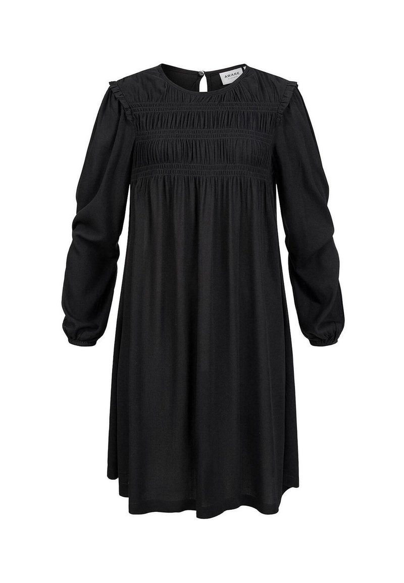 Robe noire en tissu doux, dotée de longues manches bouffantes, de détails froncés au niveau du corsage et d'une fermeture par boutons au dos.