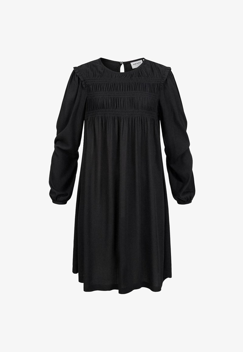 Čierne šaty vyrobené z mäkkej tkaniny, s dlhými nadýchanými rukávmi, so zúžením na živôtiku a zapínaním na gombík na chrbte.