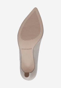 Beige suede heel with a smooth, tapered shape. Textured rubber sole for grip, featuring branding "PETER KAISER" near the heel.