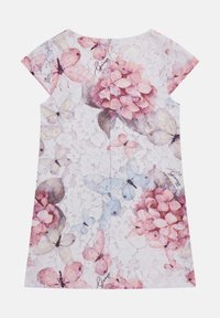 Bloemen A-lijn jurk met kantpatroon met roze hortensia's en vlinders in pastelkleuren; ronde hals, korte mouwen, rits aan de achterkant.