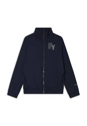 Felpa con zip navy e colletto alto, con design in strass "FY" sulla parte frontale e testo "FRE" sulla manica. Tessuto morbido e texture.