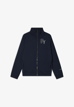 Felpa con zip navy e colletto alto, con design in strass "FY" sulla parte frontale e testo "FRE" sulla manica. Tessuto morbido e texture.