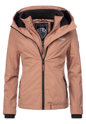 Light brown lightweight jacket with a hood, zippered front, two side pockets, and black accents on the zippers and cuffs.