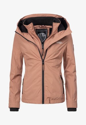 Giacca leggera di colore marrone chiaro con cappuccio, frontale con zip, due tasche laterali e dettagli neri sulle cerniere e sui polsini.