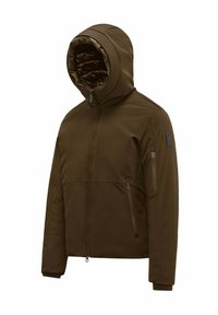 Giacca isolante marrone con cappuccio, caratterizzata da un tessuto esterno liscio, chiusura con zip frontale e tasche, e foderata internamente con imbottitura trapuntata.