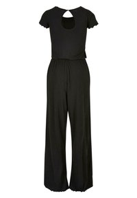 Combinaison noire côtelée à manches courtes, jambes larges, taille élastique et découpe goutte avec fermeture par bouton au dos du col.