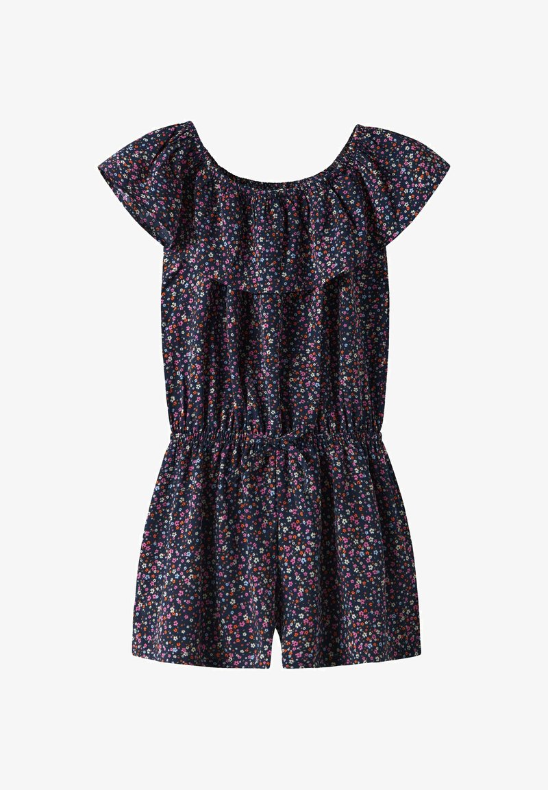 Jumpsuit floral bleu marine avec des manches courtes, une taille élastique et un col à volants. Présente de petites fleurs roses, jaunes et blanches partout.