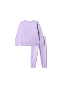 Fliederfarbener Sweatshirt- und Jogginganzug aus weichem Stoff. Verfügt über gerippte Bündchen und Kragen sowie ein kleines weißes Logo auf der Rückseite des Oberteils.