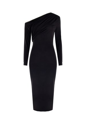 Schwarzes Kleid mit langen Ärmeln, das ein One-Shoulder-Design, drapierter Stoff und eine figurbetonte Silhouette aufweist. Glatte Textur mit eleganter Oberfläche.