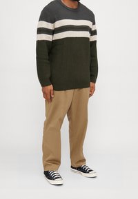 Dunkelgrüner Strickpullover mit horizontalen cremefarbenen, hellgrauen und dunkelgrünen Streifen; kombiniert mit beigen Hosen und schwarzen Sneakers.