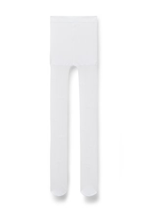 Weiße blickdichte Strumpfhose mit hohem Bund, bodenlangen Beinen und ohne sichtbare Muster oder Verzierungen.