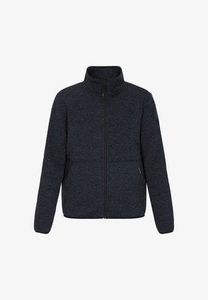 Fleece-takki tummansinisenä, jossa on tekstuuri. Ominaisuuksiin kuuluu korkea kaulus, edessä vetoketju ja kaksi sivutaskua. Kevyt ja rento muotoilu.