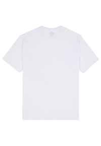 White cotton t-shirt with short sleeves, a rounded neckline, and a smooth texture. Features minimal design with no visible patterns or accents.