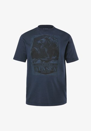Navyblaue Baumwoll-T-Shirt mit einem Bärenmotiv, der einen Fisch hält, beschriftet mit "GLACIER BAY ALASKA SINCE 1880" in einem sechseckigen Rahmen. Kurze Ärmel.