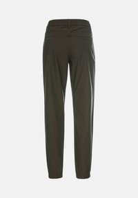 Olivgrüne Hose mit elastischem Bund, zulaufenden Beinen und zwei Gesäßtaschen. Glattes Material mit matter Oberfläche und gerafften Bündchen.