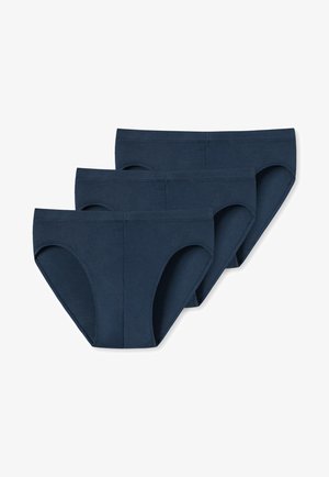 Navy blue cotton briefs, three-pack, with a smooth texture, high-rise design, and elastic waistband, featuring a classic underwear shape.