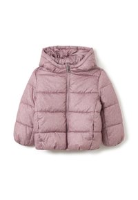 Chaqueta inflada rosa con capucha, con un diseño acolchado, cierre de cremallera en el frente y un sutil patrón de leopardo. Textura suave y tela aislante.
