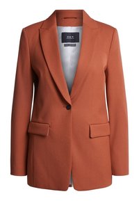 Blazer color ruggine realizzato in tessuto liscio, con chiusura a un bottone, rever a punta e due tasche frontali. Interno foderato visibile.