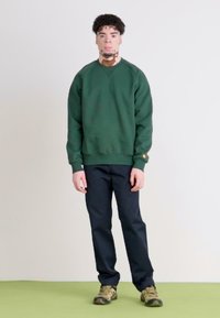 Grüner Baumwoll-Sweatshirt mit gerippten Bündchen und Saum, kombiniert mit dunklen Hosen und beigen Wanderschuhen auf einem grünen Boden. Neutrale Hintergrund.