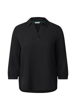 Zwarte, gestructureerde blouse met een kraag en een V-hals. Heeft driekwartmouwen en een relaxte pasvorm. Merkenlabel zichtbaar aan de binnenkant.