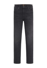 Dark gray denim jeans featuring a classic straight cut, front pockets, a zipper fly, and subtle stitching accents.