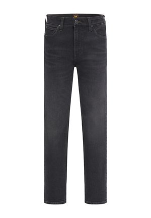 Jean en denim gris foncé avec une coupe droite classique, poches avant, zip et des accents de couture subtils.