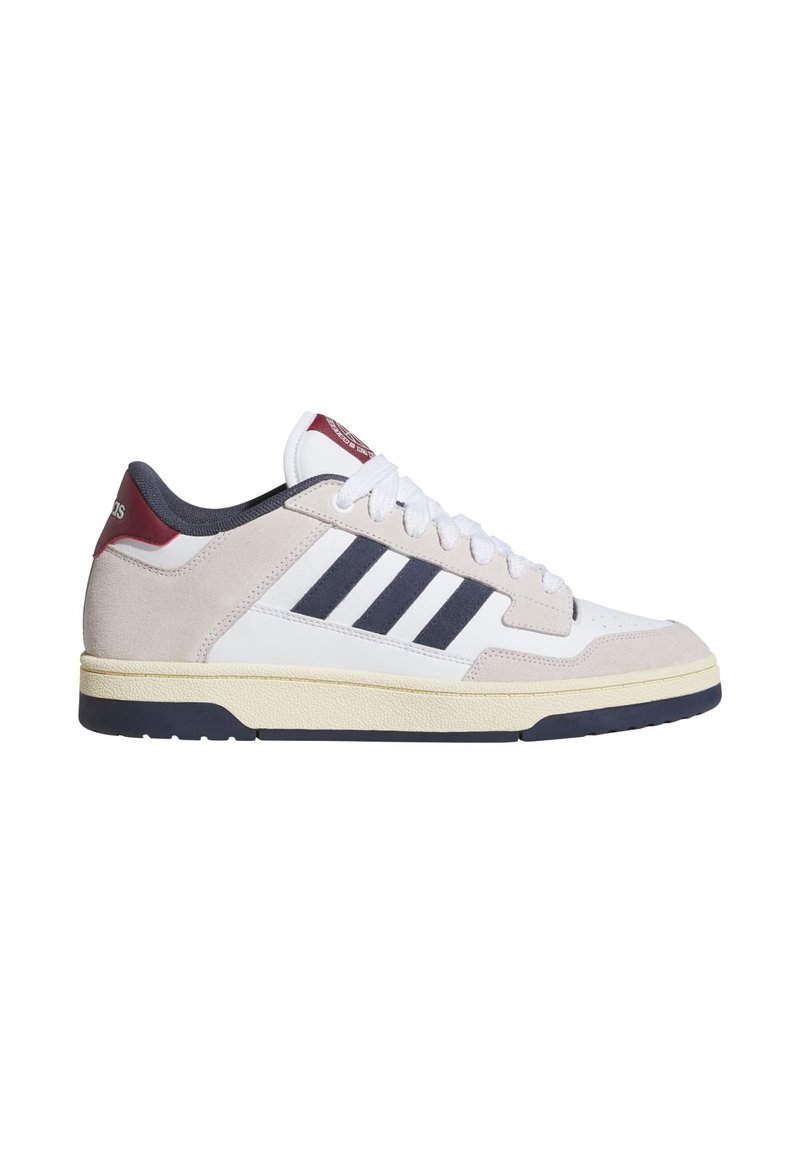White and gray athletic shoe with three navy stripes, suede and leather material, round toe, flat rubber sole, and maroon accent at the heel.