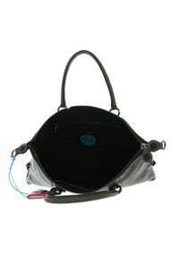 Sac en tissu gris avec deux poignées vertes et une fermeture éclair. L'intérieur noir possède une poche zippée et une étiquette de marque bleue.