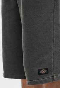 Shorts gris foncé avec une petite étiquette rectangulaire de la marque Dickies cousue près de l'ourlet sur la cuisse d'une personne.