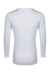 Lange mouw witte shirt gemaakt van lichtgewicht stof, met een gladde textuur en een ronde kraag met minimale naaddetails.