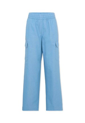 Pantalon bleu clair à jambes larges avec taille élastique et poches cargo latérales à rabats.