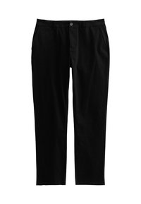 Chinos de algodón negros con pierna recta, que cuentan con un cierre frontal con botón, dos bolsillos laterales y detalles de costura sutiles.