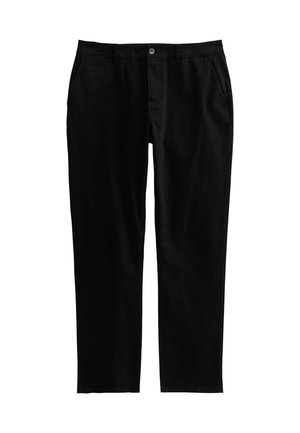 Chino neri in cotone con gamba dritta, dotati di chiusura anteriore con bottone, due tasche laterali e dettagli di cucitura sottili.