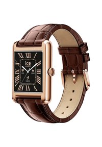 Stačiakampis laikrodis su juodu ciferblatu, romėniškais skaitmenimis, rožinio aukso korpusu ir tekstūruota rudos odos apyranke. Sidabriniai akcentai ant ciferblato.