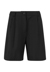 Černé šortky vyrobené z hladké látky, s plochým předním dílem, příslušnými sklady a jedním knoflíkem na zapínání. Módní střih s rovnými nohavicemi.