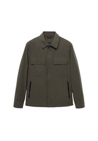 Veste vert olive avec col, deux poches poitrine et deux poches latérales zippées. Fabriquée en tissu lisse avec une coupe droite.