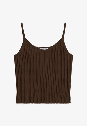 Braunes, geripptes, kurz geschnittenes Strick-Top mit dünnen Trägern und tiefem Rundhalsausschnitt.