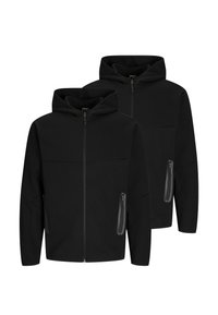 Twee zwarte fleece hoodies met ritssluiting, voorzien van voorzakken met rits en een comfortabele capuchon. Eenvoudig ontwerp met een moderne pasvorm.